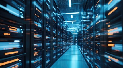 Obraz premium A long, narrow corridor in a server room with rows of black server racks. The room is brightly lit with blue and orange lights, creating a futuristic and dynamic atmosphere.