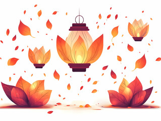 Serene Flat Diwali Lantern Illustration with Floating Lotus Petals � Symbol of Peace and Spirituality in Festive Gatherings