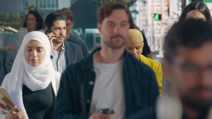 Diverse Group of Young Professionals Walking on a Busy Street, Some Engaged in Conversation, Others Focused on Their Devices, Capturing the Essence of Urban Hustle and Dynamic City Life - Powered by Adobe