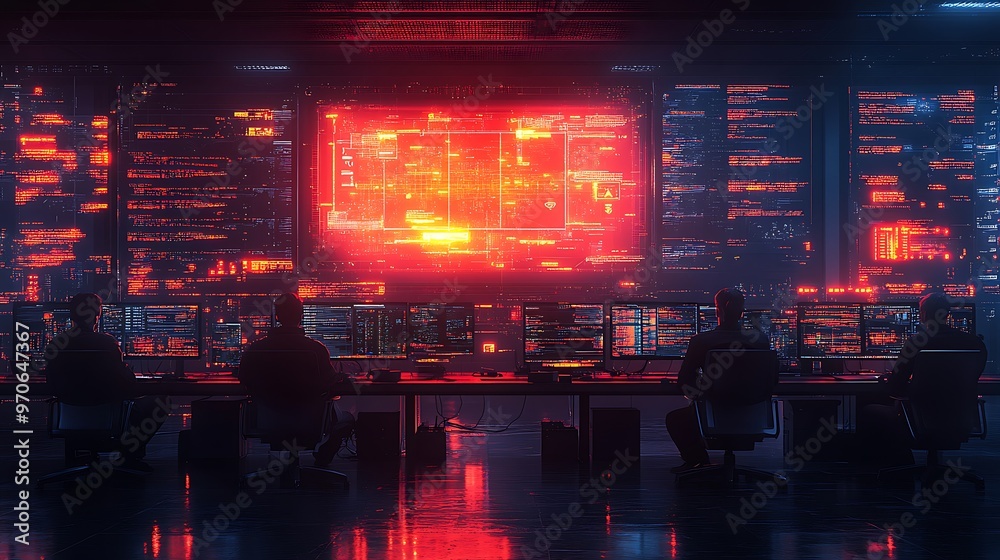 Wall mural ai cyber security concept. diverse it specialist team analyzing artificial intelligence online risk 