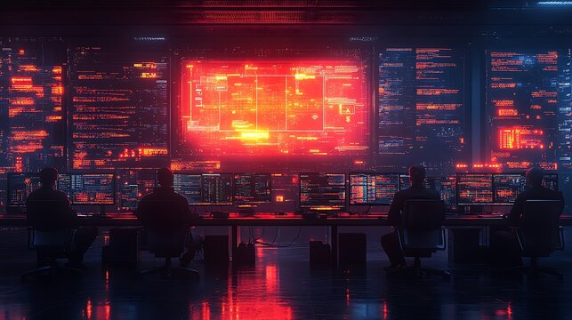  AI cyber security concept. Diverse IT specialist team analyzing artificial intelligence online risk threats to consumer data & privacy. Software developers coding & ethical hacking in dark office 