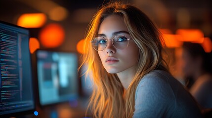  AI cyber security concept. Diverse IT specialist team analyzing artificial intelligence online risk threats to consumer data & privacy. Software developers coding & ethical hacking in dark office 