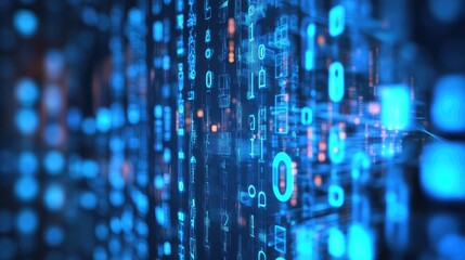 Abstract digital background with binary code, data, and circuits in blue and orange hues.