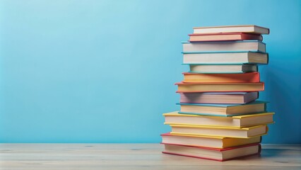 Fototapeta premium Stack of colorful books on light blue background, books, education, reading, learning, knowledge, literature, library