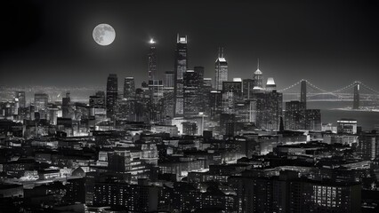 Chinese city skyline in black and white photo