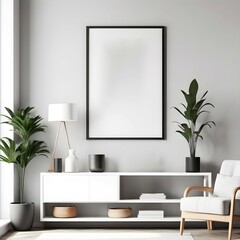 Living room interior with copy space in frame on the wall. Template for artwork, painting, photo or poster	