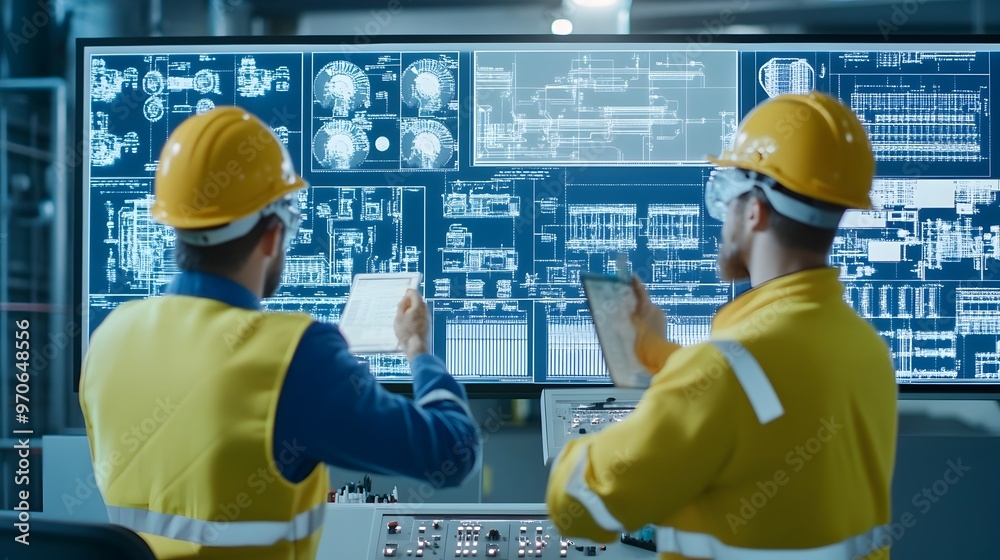 Aufkleber engineers monitoring water distribution control room with digital dashboards