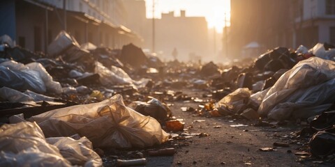 decay of urban landscape amid overflowing trash dump covered in thick white fog emphasizing neglect in cinematic tone with warm golden hour lighting.