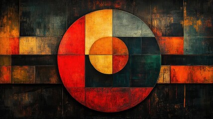 Abstract circular design with warm colors and geometric shapes.