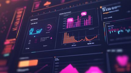 A close-up of a digital dashboard on a large screen with a colorful graph depicting increasing sales. The dashboard is filled with various e-commerce metrics such as revenue,