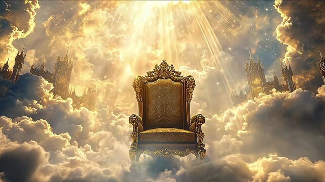 A white throne in the middle of white clouds. A throne in the sky