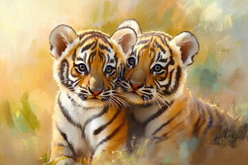 Two adorable tiger cubs nestled together in a warm, vibrant environment.
