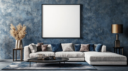 Comfortable living room. Sofa with cushions in front of pastel colored wall, Beige and blue color scheme
