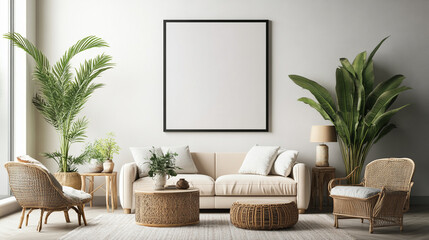 Comfortable living room. Sofa with cushions in front of pastel colored wall, Neutral color scheme