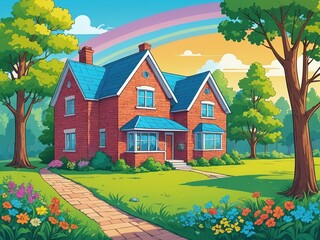 cartoon style of cartoon scene with beautiful rural brick house in the forest on the meadow