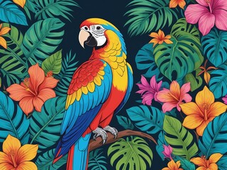 cartoon style of Colorful parrot illustration with vibrant tropical foliage and flowers