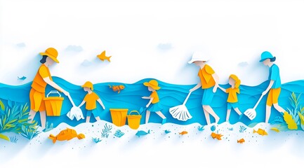 Fototapeta premium Family Beach Cleanup Colorful Illustration of Collective Effort