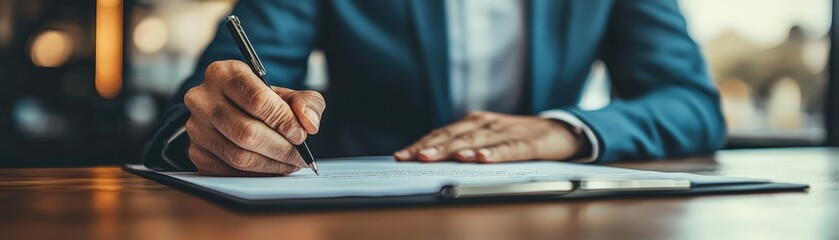 Businessperson making notes on a document while negotiating with a client, business deal, preparing for agreement
