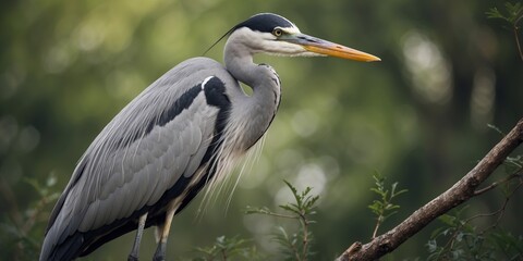 Macro shot of a Grey heron resting on a branch with green bushes in the background.
