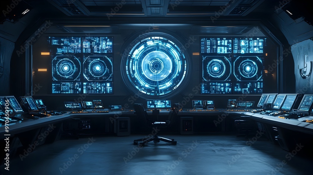 Poster futuristic control room with radio wave frequency screens for communication technology