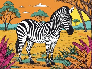 Cartoon style of Zebra is standing in the savannah