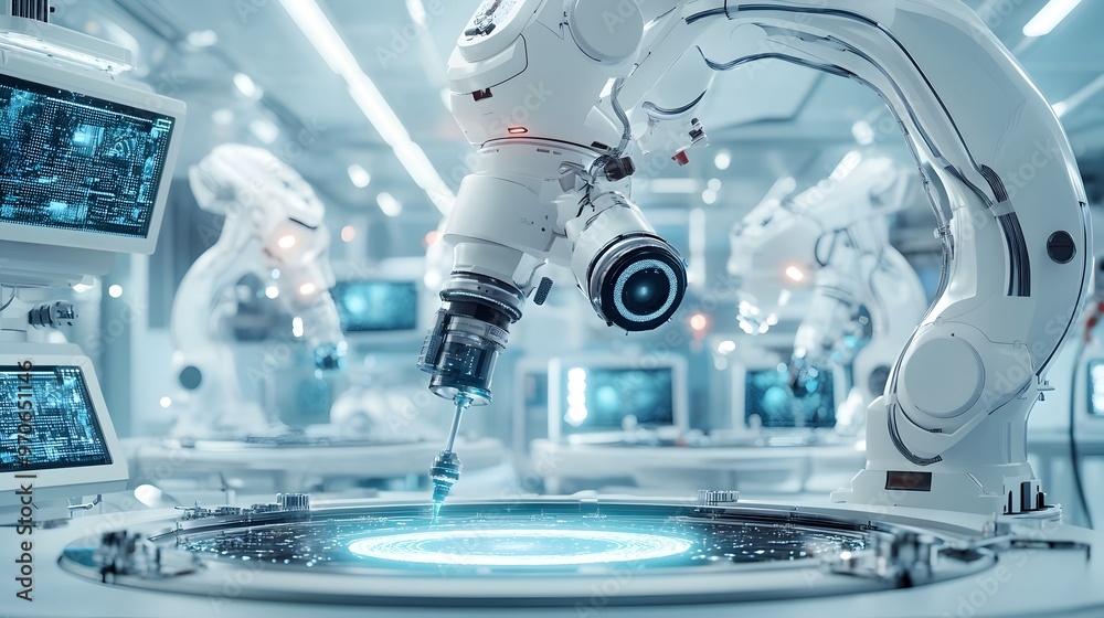 Poster futuristic laser lab with robotic arms positioning optics with extreme precision