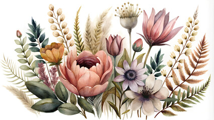 Vintage Watercolor Floral Bouquet with Warm Earth Tones