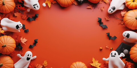 Fototapeta premium Happy Halloween banner, party invitation background with ghosts, bats and pumpkins in 3D style. Place for text.