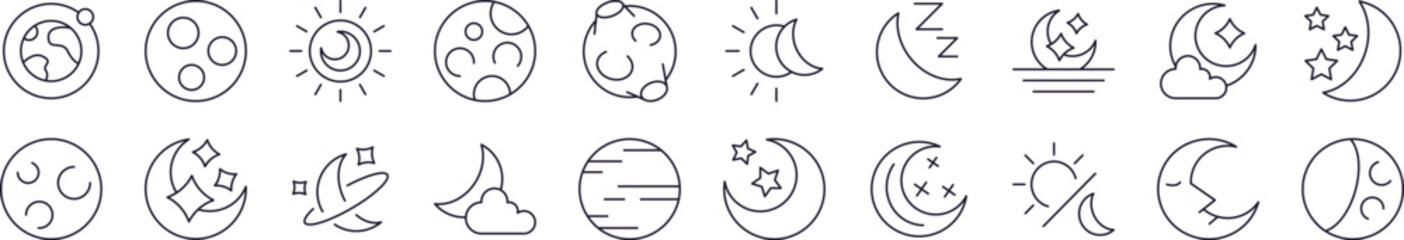Celestial Bodies Bundle of Related Line Icons. Editable Stroke for Design, Web Sites, Apps, Cards. Contains Linear Images of Moon and Stars