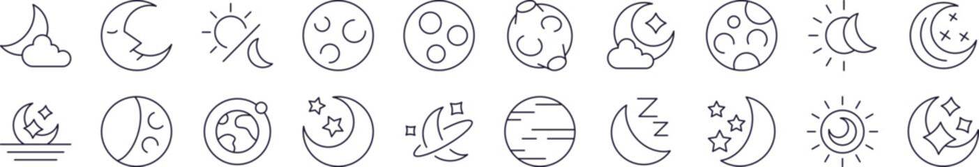Celestial Bodies Line Icon Pack. Modern Collection for Design, Web Sites, Apps, Cards. Contains Linear Images of Moon and Stars