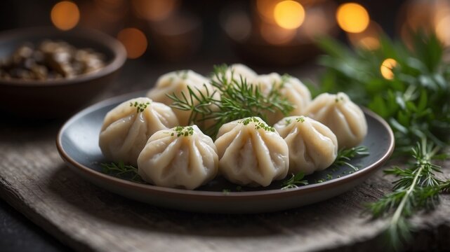 Traditional dumplings in a plate with herbs.