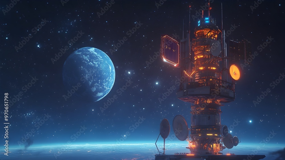 Poster futuristic space station like signal tower with advanced antennas broadcasting into space