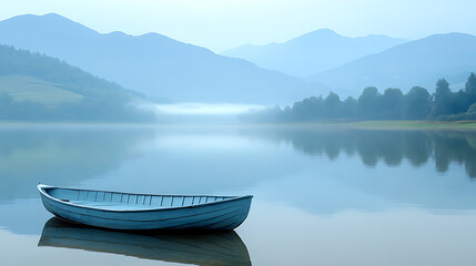 Naklejka premium A sleek, modern clear boat gently floating on a glassy lake with a minimalist background. Generative AI illustration 