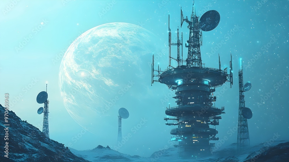 Poster futuristic space station like signal tower transmitting signals into the cosmos