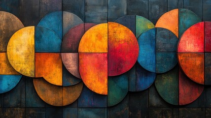 Abstract circular wall art with vibrant colors and textures.
