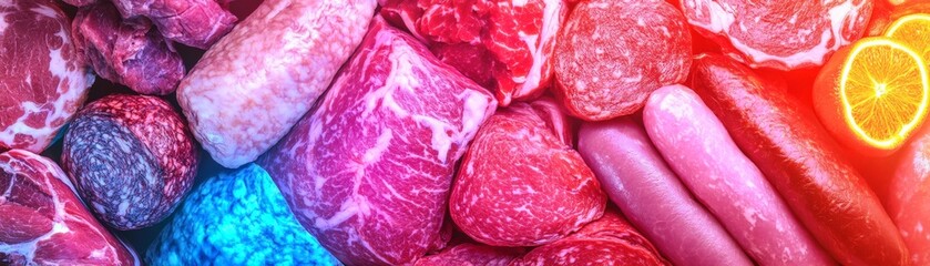 Obraz premium Neon Pop Art Deli Meats: Vibrant and Bold Culinary Creativity against Glowing Butcher Shop Background