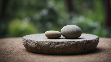 A round stone platform with a lush green background.