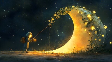 Naklejka premium Gardener Carefully Pruning Star Vines Growing Along the Lunar Edges
