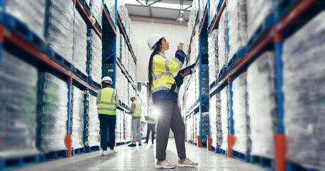 Woman, thinking and tablet in warehouse for stock management, supply chain inspection or inventory...