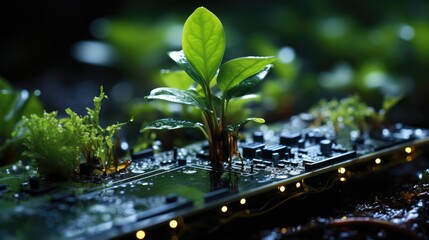 Green plant sprouts growing out of a circuit board with water droplets, symbolizing technology and nature coexistence.