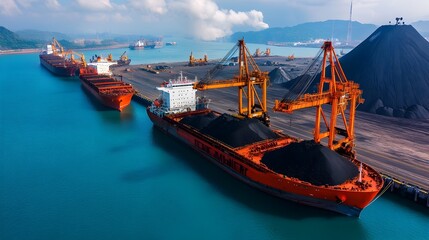 Fototapeta premium Global Coal Trade At Busy Industrial Port With Ships Being Loaded For Export