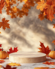 A clean and simple background for product display, with a podium in the center, surrounded by autumn leaves and pumpkins. 
