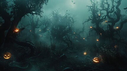 Obraz premium Dark halloween forest with eerie fog and glowing jack o lanterns scattered among twisted trees