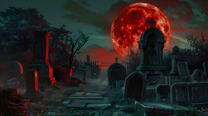 Blood-Red Moon Casting Shadows Over Cemetery Tombstones