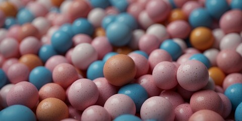 Colorful round objects arranged on pink and blue backgrounds.