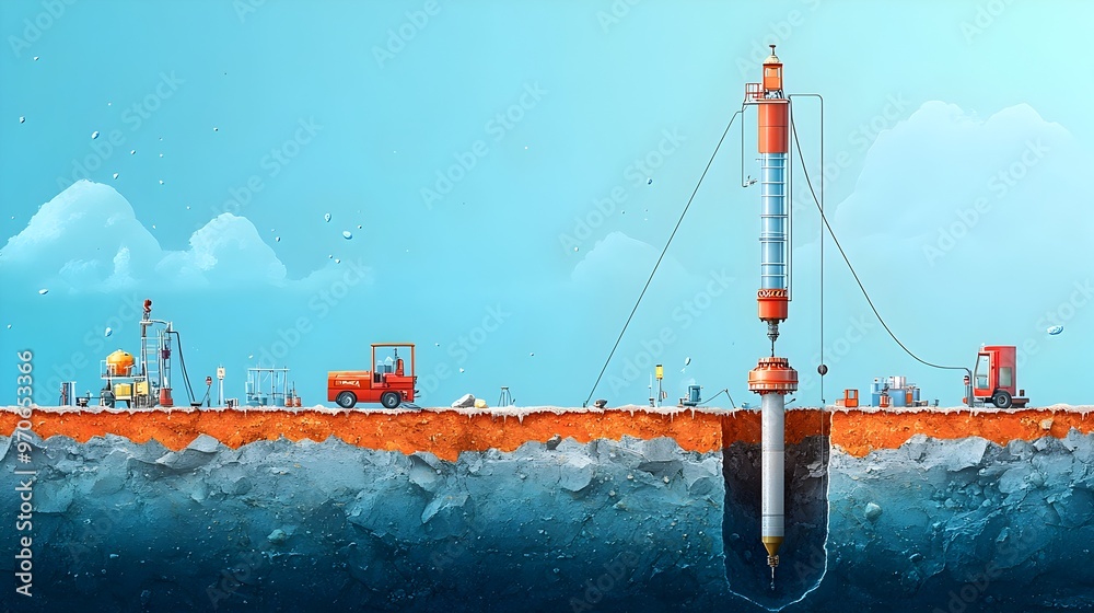 Poster groundwater extraction depicting geological layers and drilling process