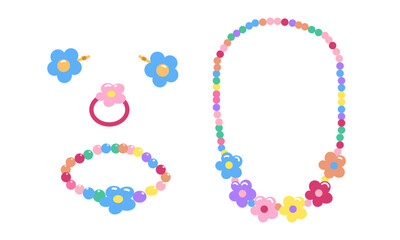 Kids jewelry set. Cartoon drawing of jewelry for children isolated on white background. Fashion, jewelry concept. Vector illustration
