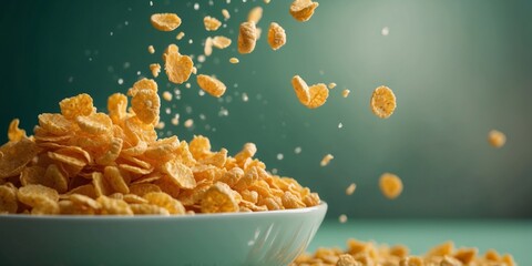 Close up of corn flakes falling into milk bowl on green background in minimalist style.