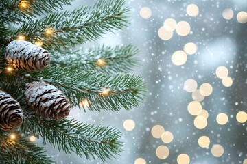 Snowy pine branches with cones and warm lights