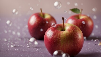 Colorful Apples with Bubbles and a Light Purple Background.